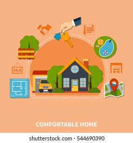 Colorful real estate concept with comfortable home flat icons vector illustration