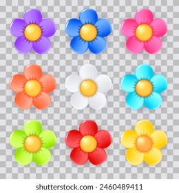 Colorful realistic 3d daisy flowers set. Vector glossy plastic plants design elements collection. Multicolored chamomile floral icons shape, isolated on transparent background