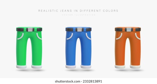 Colorful realistic 3d pants in different colors. Product for company selling clothes, pants models for male. Vector illustration in blue, green and orange colors in cartoon design