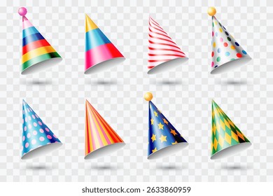Colorful realistic 3d party cone hats set. Vector glossy design elements collection for birthday party, anniversary, holiday. Multicolored decoration, isolated on transparent background