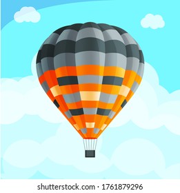 Colorful realistic air balloon among blue sky with clouds. Fly aerial transport. Hot air balloon icon. Striped multicolored air transportation with basket. Summer vacation, travel tour or journey