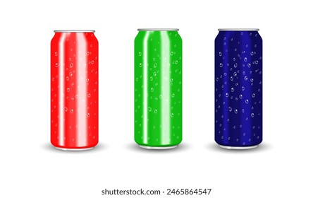 Colorful Realistic aluminum cans with empty metallic can. Aluminum can mockup for energy drinks, cola, soda, beer, and juice. Aluminum cans on transparent background.