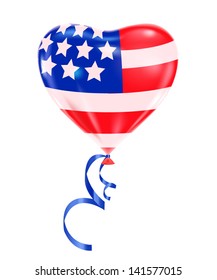Colorful realistic balloon colored with USA national flag. Isolated on white background. Can be used as independence Day greeting card. Vector illustration.