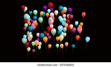 Colorful Realistic Balloons Falling Down or Flying, Vector Illustration. Party, Sale, Ads Flyer Background. Birthday Celebration, Festive Decoration. Red, Green, Blue, Purple, Orange Flying Balloons.