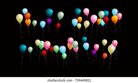 Colorful Realistic Balloons Falling Down or Flying, Vector Illustration. Party, Sale, Ads Flyer Background. Birthday Celebration, Festive Decoration. Red, Green, Blue, Purple, Orange Flying Balloons.