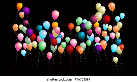 Colorful Realistic Balloons Falling Down or Flying, Vector Illustration. Party, Sale, Ads Flyer Background. Birthday Celebration, Festive Decoration. Red, Green, Blue, Purple, Orange Flying Balloons.