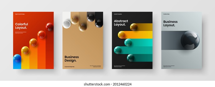 Colorful realistic balls brochure layout collection. Multicolored pamphlet A4 design vector template set.