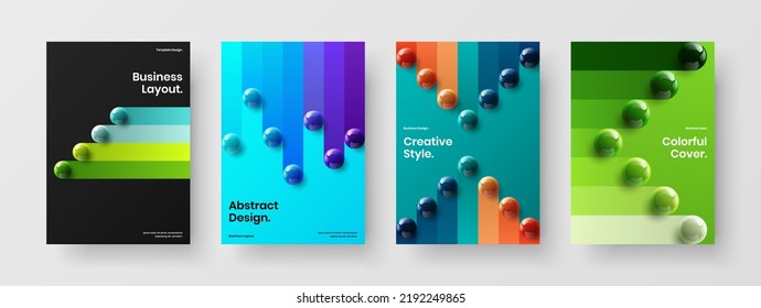 Colorful realistic balls corporate brochure illustration set. Vivid journal cover design vector template composition.