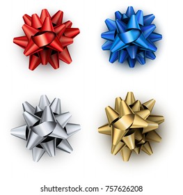 Colorful realistic beautiful bows set for gift isolated on white. Vector illustration.