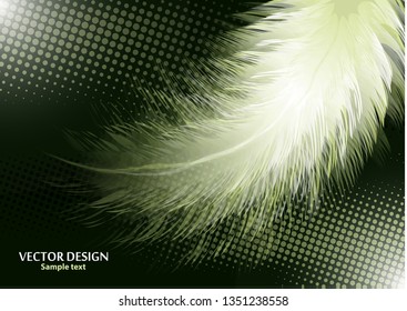Colorful realistic bird feathers isolated on black background, halftone effects. Vector illustration for your design.