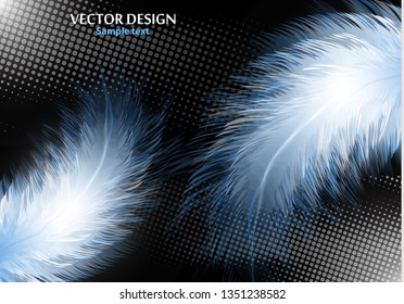 Colorful realistic bird feathers isolated on black background, halftone effects. Vector illustration for your design.