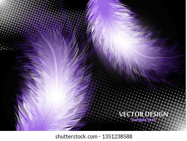Colorful realistic bird feathers isolated on black background, halftone effects. Vector illustration for your design.