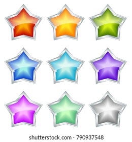 Colorful realistic buttons. Star shape. Isolated on white background. Vector illustration.