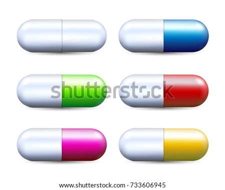 Colorful realistic capsules pill set vector illustration isolated on white background