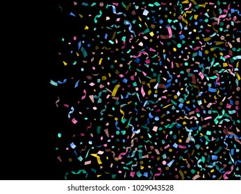 Colorful realistic confetti flying bright background design. Luxurious tinsel sparkle elements flying, gradient foil texture serpentine streamers confetti falling festive backdrop.