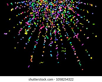 Colorful realistic confetti flying bright vector background. VIP tinsel sparkle elements flying, gradient foil texture serpentine streamers confetti falling on black festive background.