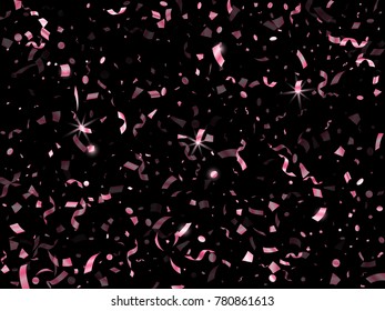 Colorful realistic confetti flying bright vector illustration. Trendy tinsel sparkle elements flying, gradient foil texture serpentine streamers confetti falling anniversary background.