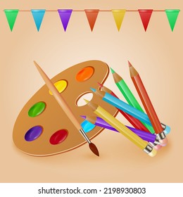 Colorful realistic drawing tools watercolor palette with brush and colored pencils. Pencil, palette, brush. Vector illustration.