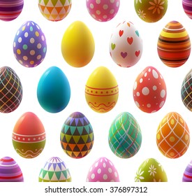 Colorful realistic eggs on white background. Seamless pattern. Easter collection. Vector illustration.