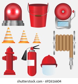 Colorful realistic firefighter flat icon set or illustration for infographic. Equipment for firefighter or volunteer.