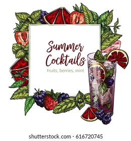 Colorful realistic frame composed of vector berries (strawberry, blackberry) blood orange and lime slices and mint leaf, rectangular frame for text. Blood orange and blackberry mojito.