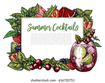 Colorful realistic frame composed of vector berries (cranberry, strawberry, blackberry) blood orange and lime slices and mint leaf, rectangular frame for text. Cranberry mojito.