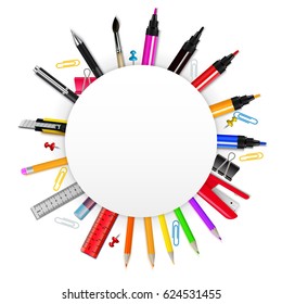 Colorful realistic frame in form of circle with various stationery items on white background vector illustration