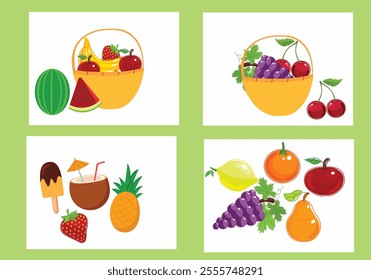 Colorful realistic fruits set. basket, accessories, food items, etc. Vector illustration