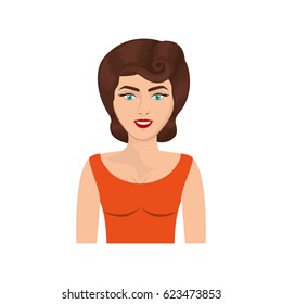 colorful realistic half body woman with orange blouse and pin up swirl hairstyle vector illustration