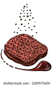 Colorful realistic hand drawn sketch meat. Vector ink food illustration. Steak meat hand drawing with chopped onion and sous