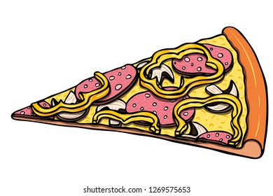 Colorful realistic hand drawn vector slice of pizza topped with cheese, mushrooms, bell pepper rings and peperoni