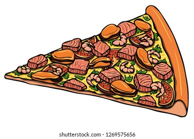 Colorful realistic hand drawn vector slice of seafood pizza topped with cheese, mussels, shrimp, salmon, greenery and tomatoes