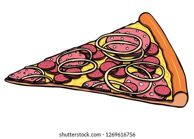 Colorful realistic hand drawn vector slice of pizza topped with cheese, mushrooms, bell peper rings and peperoni