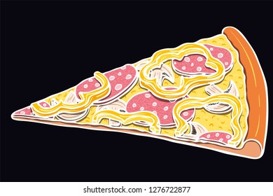 Colorful realistic hand drawn vector slice of pizza topped with cheese, mushrooms, bell pepper rings and peperoni