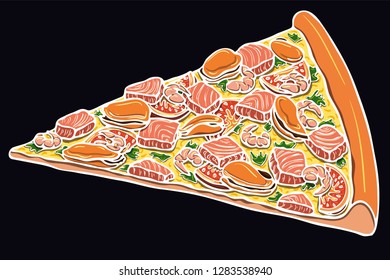 Colorful realistic hand drawn vector slice of seafood pizza topped with cheese, mussels, shrimp, salmon, greenery and tomatoes