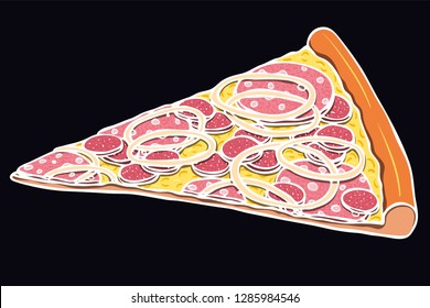 Colorful realistic hand drawn vector slice of pizza topped with cheese, mushrooms, bell peper rings and peperoni