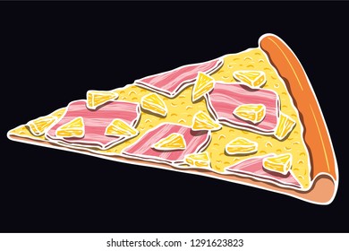 Colorful realistic hand drawn vector slice of Hawaiian pizza topped with tomato sauce, cheese, pineapple, and ham