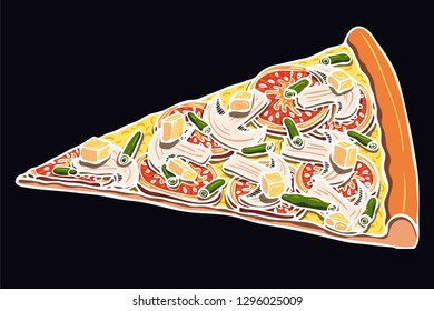Colorful realistic hand drawn vector slice of vegan pizza topped with tomatoes, vegan cheese, mushrooms, beans and tofu