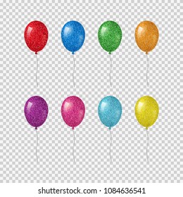 Colorful realistic helium balloons with glitter texture isolated on transparent background.