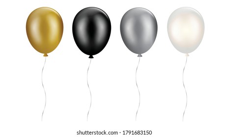 Colorful realistic helium balloons isolated on white background.Bunch of Color Glossy Helium Balloons.Balloon vector.Black,white, silver and gold balloon.