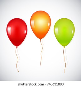 Colorful realistic helium balloons isolated on white background. Bright colors: red, yellow, green. Realistic 3D vector illustration.