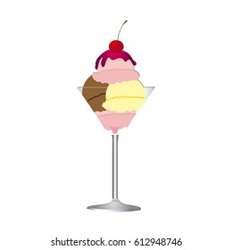 colorful realistic ice cream ball glass cup with cherry vector illustration