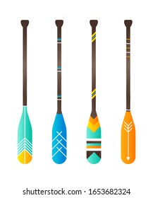 Colorful realistic oar paddle. Isolated wood kayak symbol. Boat sign for fabric pattern. Home printable accessory. Decor vector illustration