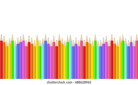 Colorful realistic pencils border. Rainbow colored crayons in a line. Graphic design element for scrapbooking, flyer, poster, back to school sale invitation. Vector illustration.