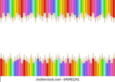 Colorful realistic pencils border. Rainbow colored crayons in a line. Graphic design element for scrapbooking, flyer, poster, back to school sale invitation. Vector illustration.