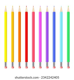 Colorful realistic pencils set. Rainbow colored crayons layed loosely in a line