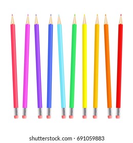Colorful realistic pencils set. Rainbow colored crayons layed loosely in a line. Graphic design element for scrapbooking, flyer, poster, back to school sale invitation. Vector illustration.
