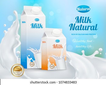 Colorful realistic poster advertising carton packs with natural milk rich in calcium and protein vector illustration  