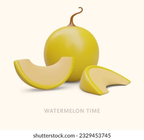 Afiche colorido y realista con todo y trozo de melón. Recortes de melón de caricatura para afiche publicitario. Mitad realista, tajada y toda la fruta colorida. Ilustración del vector