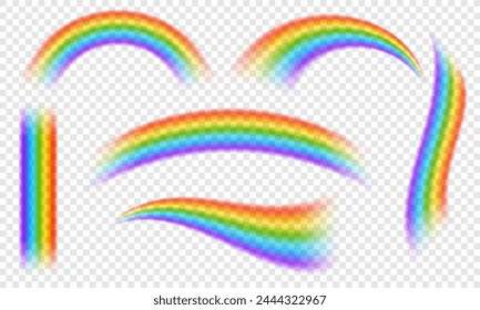 Colorful realistic rainbow effect on transparent background. Vector blurred rainbow arch for overlaying. Rainbow PNG. Fantasy decorative element.